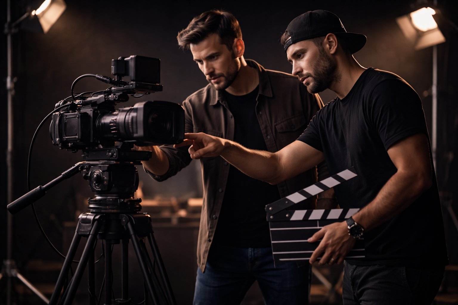 Professional film crew with camera and clapperboard